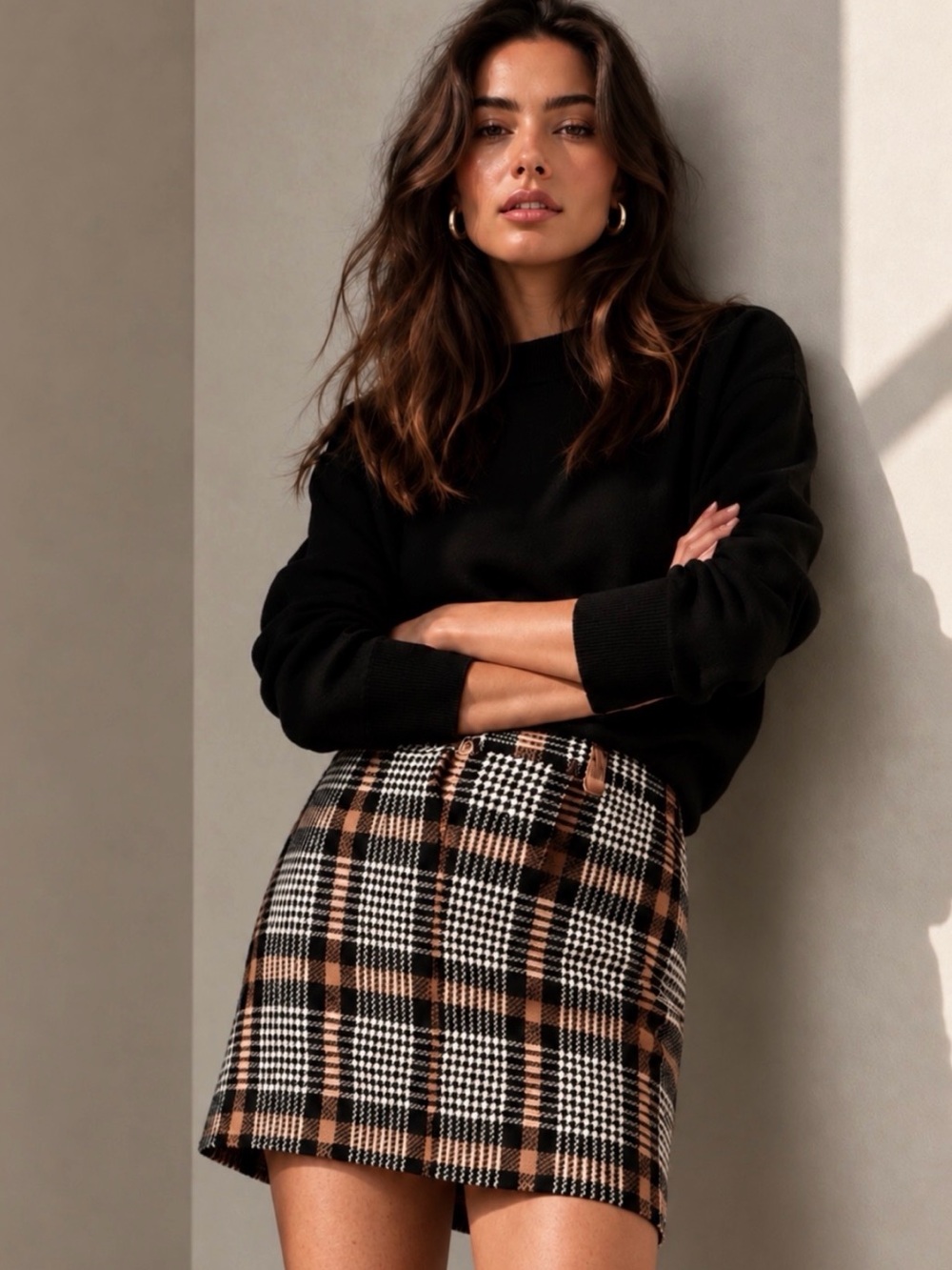 Anthropologie EN SAISON Plaid Houndstooth Knit Mini Skirt Size S